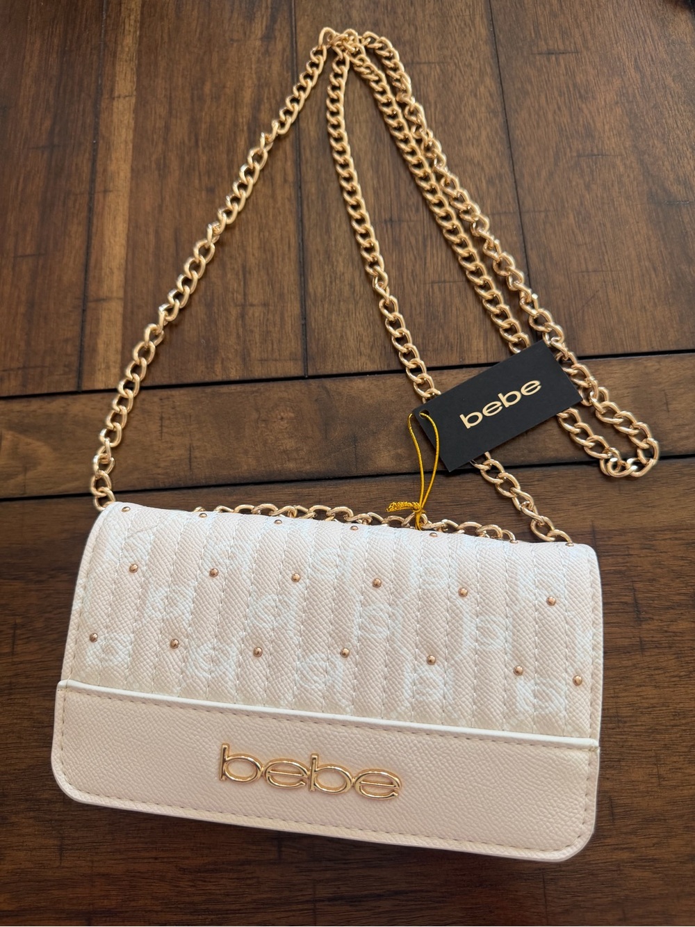 bebe Quilted CREAM Color Crossbody Bag Gold Chain NWT E02-4622PM Purse Imprinted